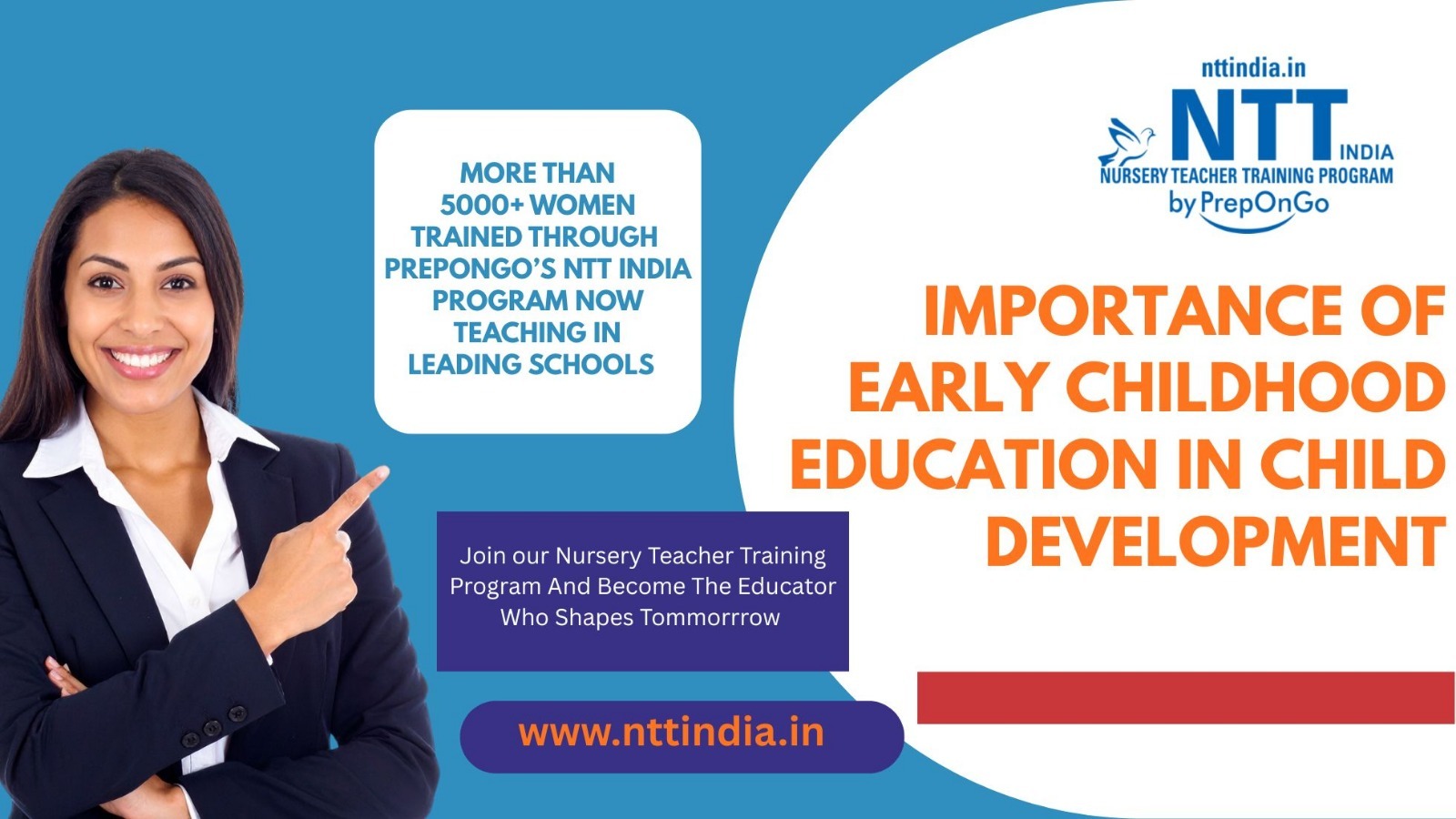 Smiling professional woman pointing to text about importance of early childhood education and nursery teacher training program in India