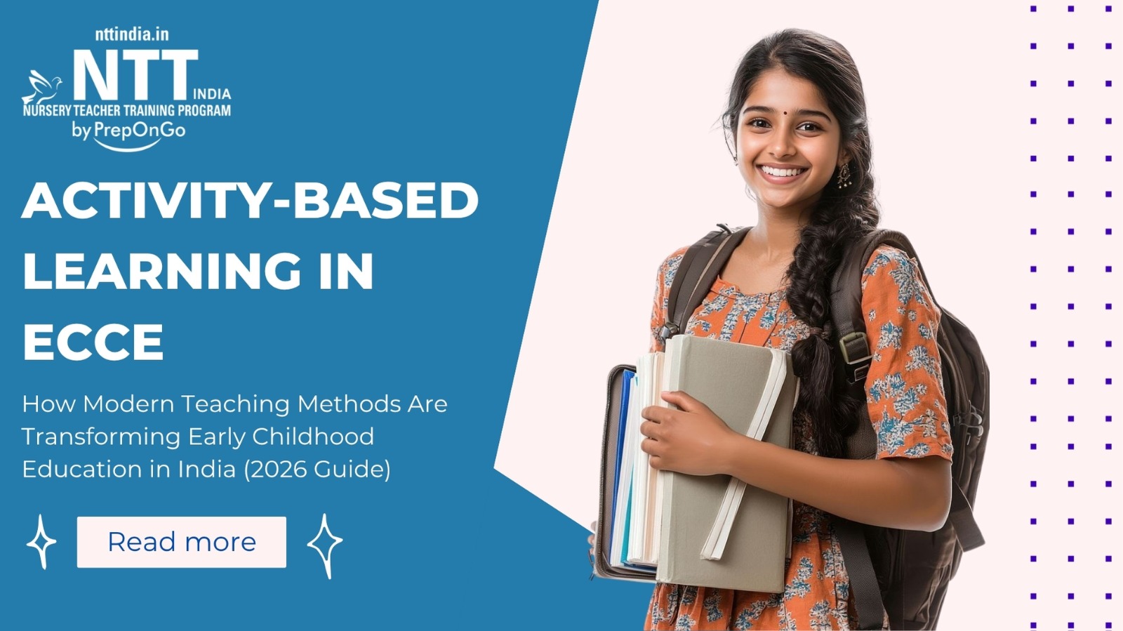 Young female student holding books and smiling, representing activity-based learning in early childhood care and education (ECCE) in India
