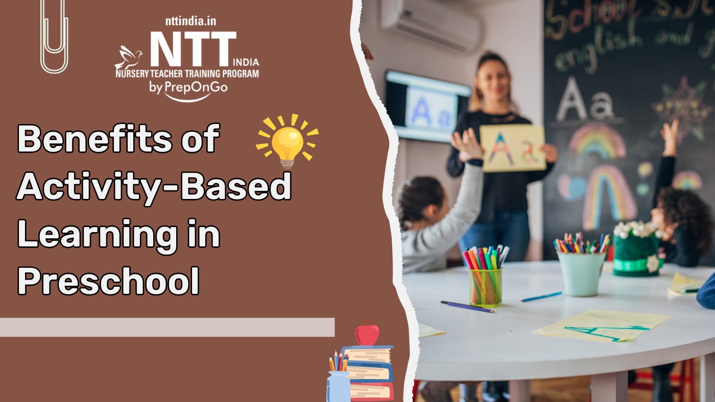 Teacher showing alphabet cards to preschool children in a classroom, illustrating the benefits of activity-based learning in early education.