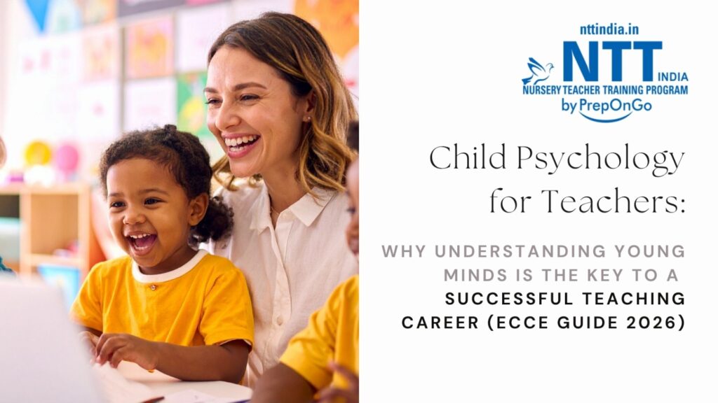 Happy preschool child learning with a teacher in a classroom, representing child psychology and early childhood education.