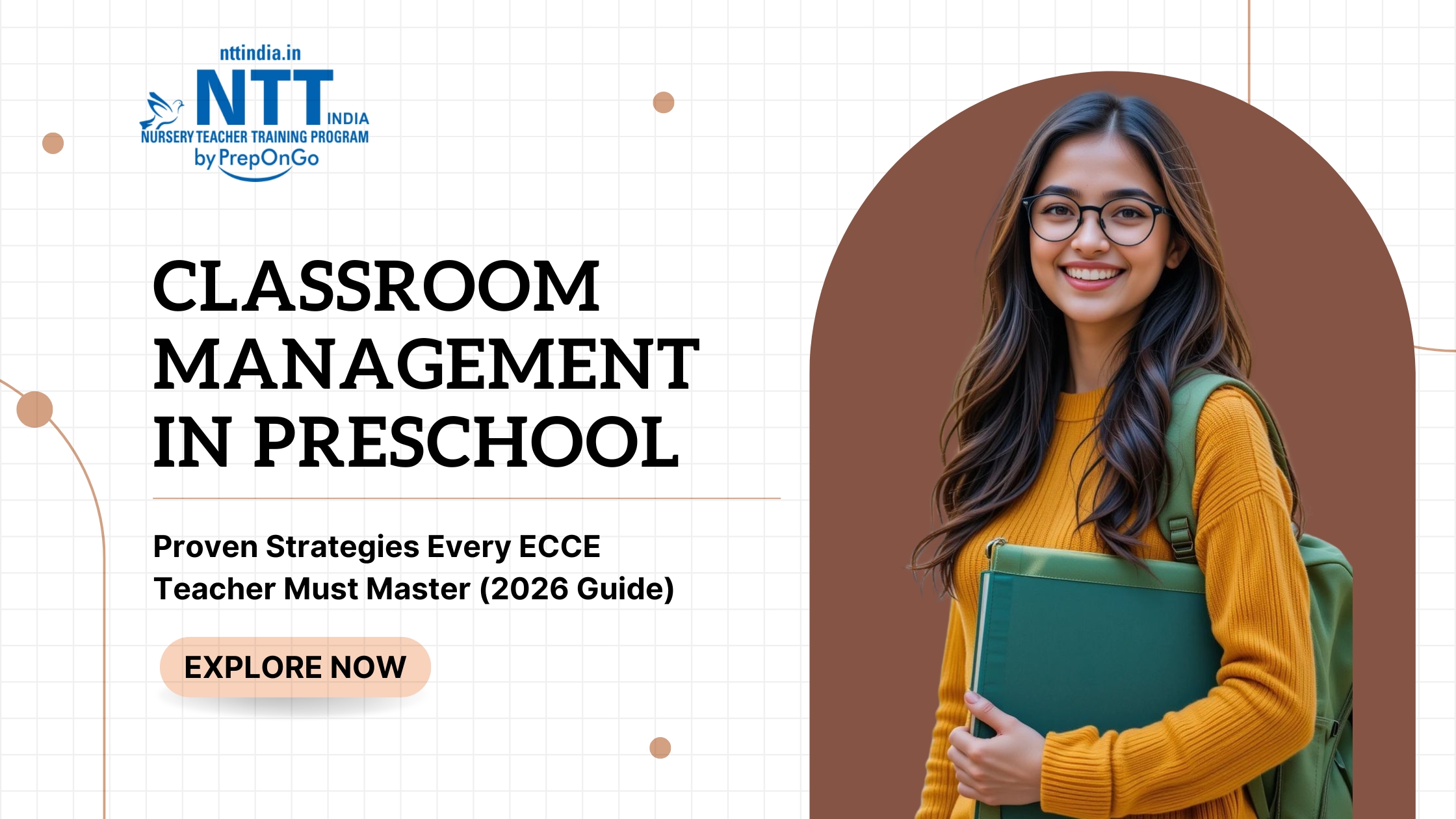 Classroom management in preschool with ECCE teacher holding books and smiling confidently