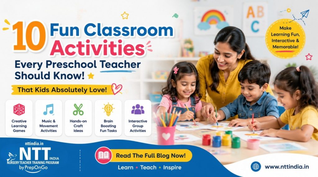 Preschool teacher engaging young children in fun classroom art and learning activities with colorful educational materials and interactive games.