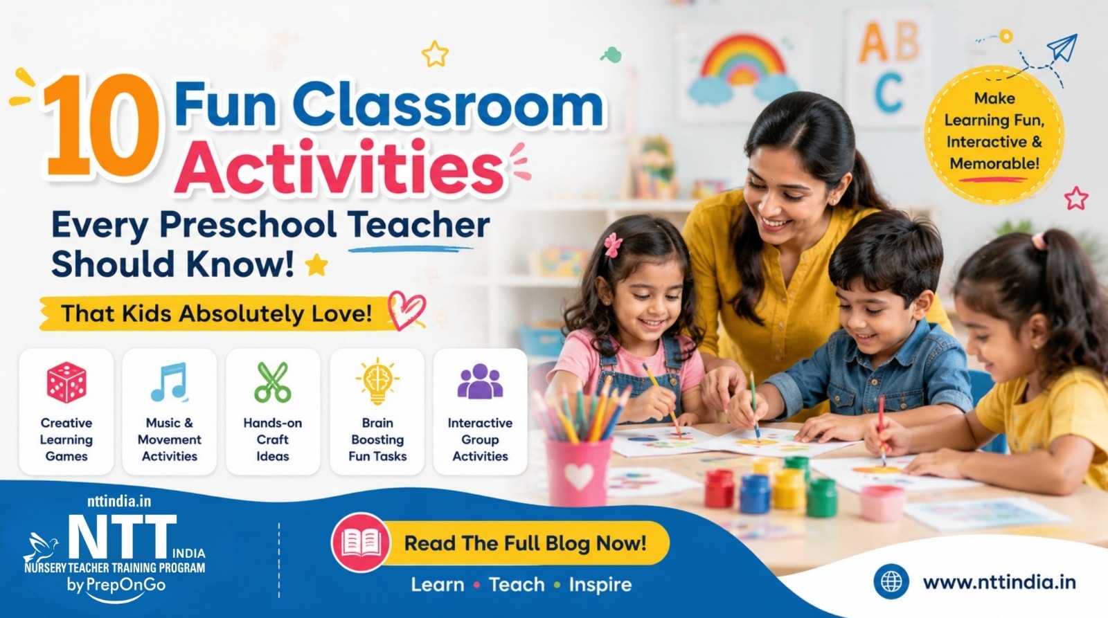 Preschool teacher engaging young children in fun classroom art and learning activities with colorful educational materials and interactive games.