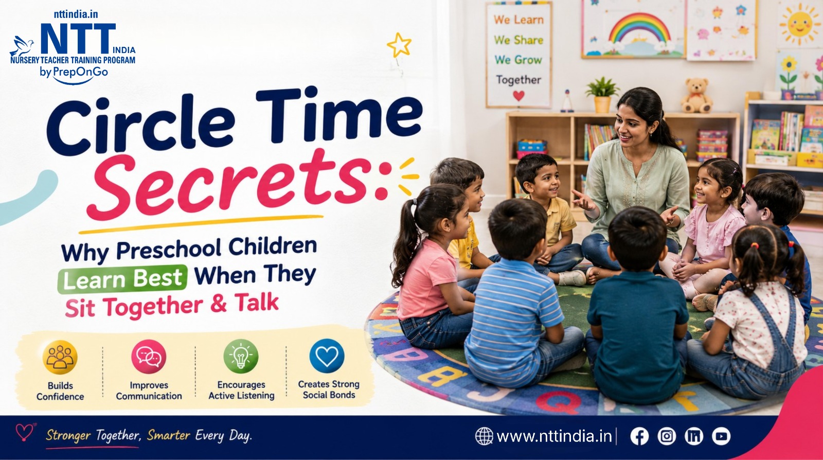 Preschool teacher conducting a circle time activity with children sitting together on a colorful classroom mat to improve communication, confidence, and social bonding.