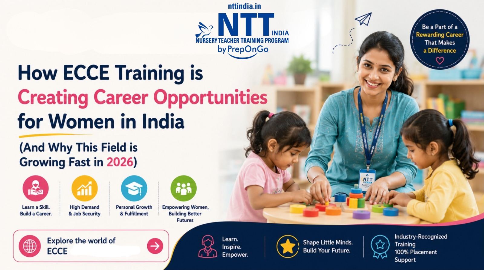 Female ECCE teacher training student engaging with preschool children during a classroom activity, highlighting career opportunities for women in early childhood education in India.