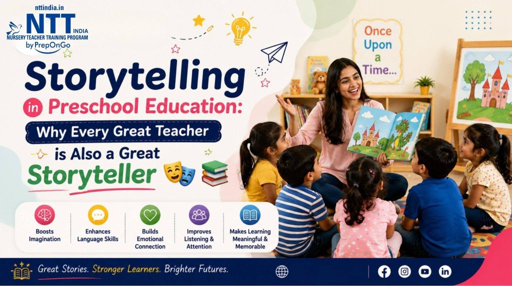 A preschool teacher reading a colorful storybook to young children during storytelling time in a classroom, highlighting the importance of storytelling in preschool education for imagination, language, and emotional development.