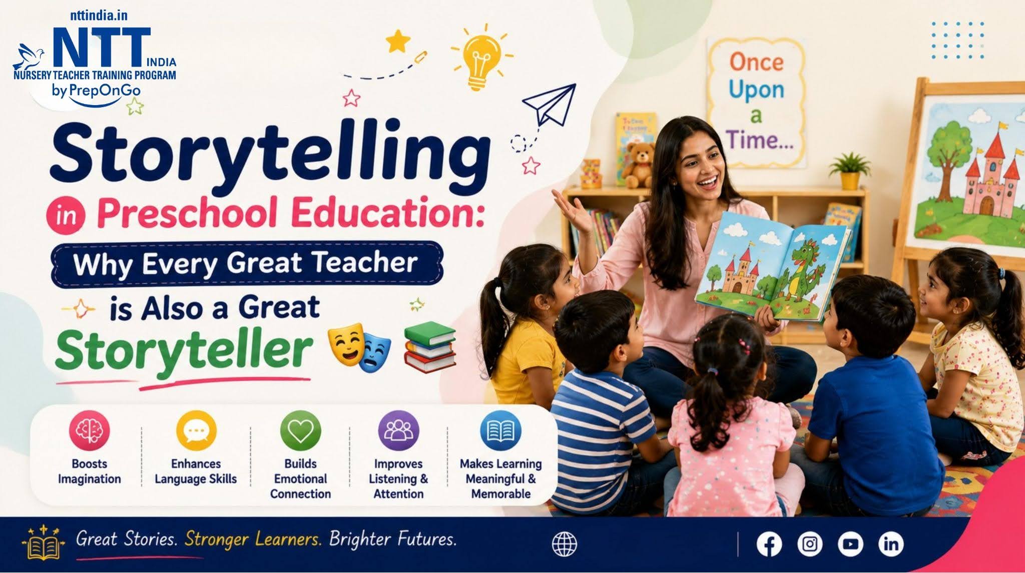 A preschool teacher reading a colorful storybook to young children during storytelling time in a classroom, highlighting the importance of storytelling in preschool education for imagination, language, and emotional development.
