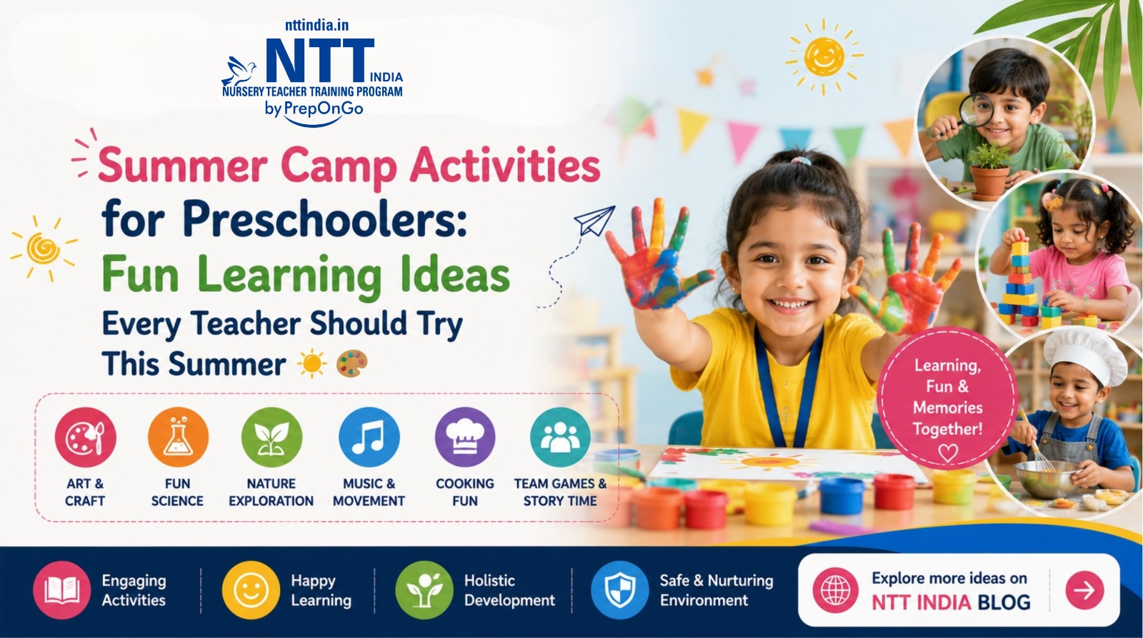 Happy preschool children enjoying creative summer camp activities like painting, science experiments, music, cooking, storytelling, and nature exploration in a fun classroom environment.