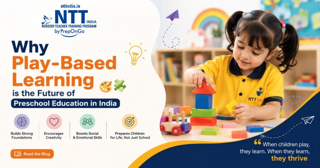 Young preschool child playing with colorful building blocks in a classroom, highlighting the importance of play-based learning in early childhood education in India.