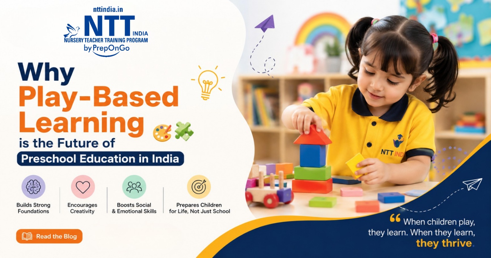 Young preschool child playing with colorful building blocks in a classroom, highlighting the importance of play-based learning in early childhood education in India.