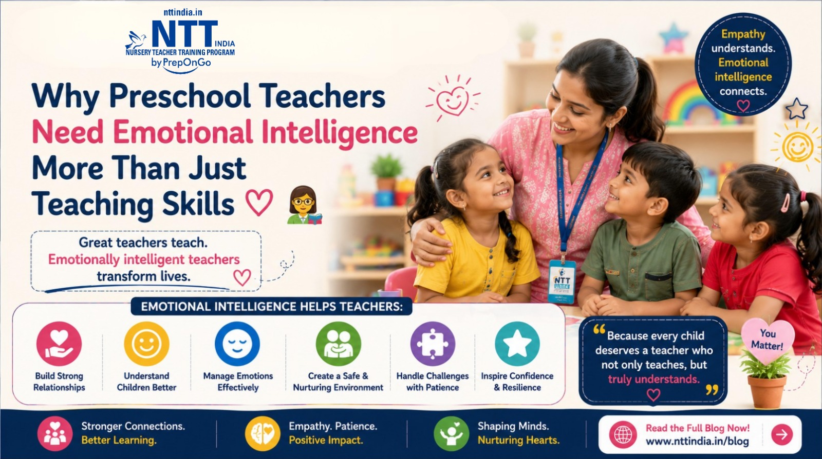 Poster highlighting the importance of emotional intelligence in preschool teaching, featuring a caring teacher interacting with happy young children in a classroom environment.