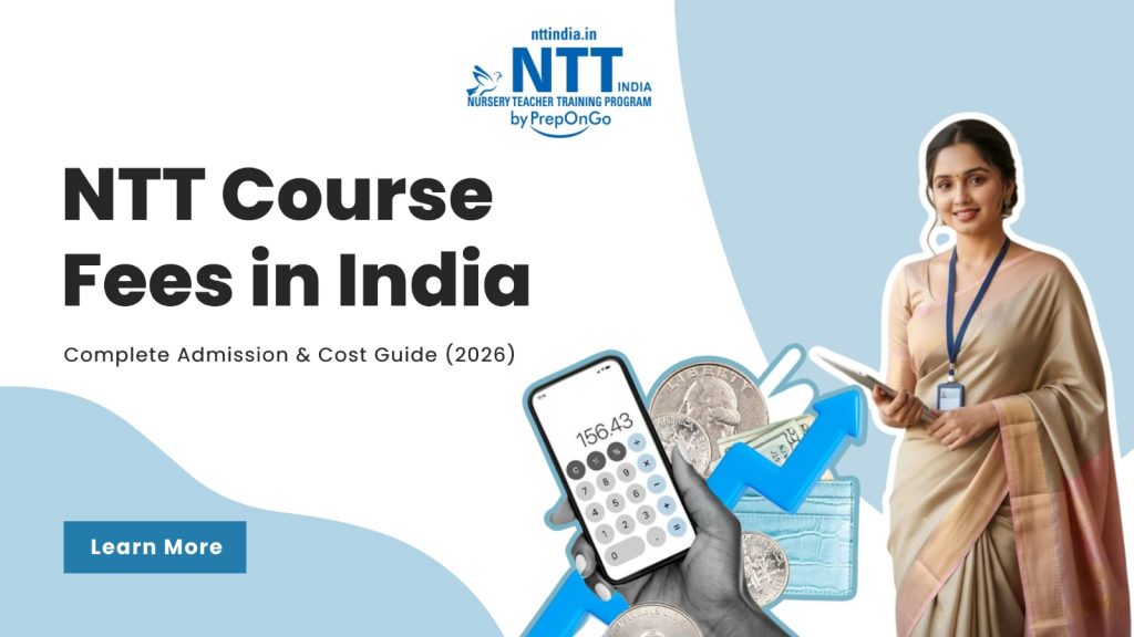 NTT Course Fees in India – Complete Admission & Cost Guide (2026) featuring a nursery teacher, calculator, wallet, and financial graphics by NTT India.