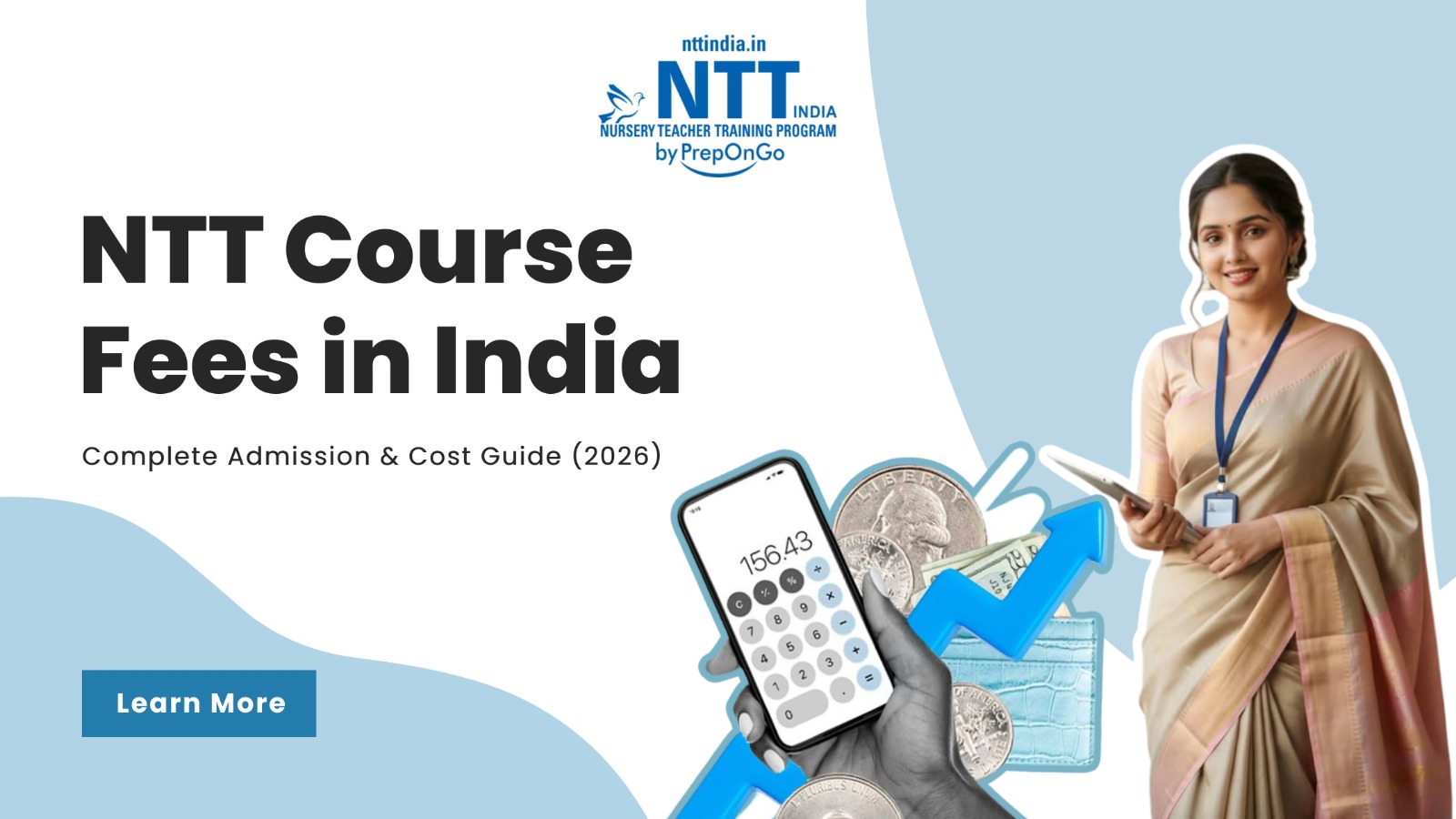 NTT Course Fees in India – Complete Admission & Cost Guide (2026) featuring a nursery teacher, calculator, wallet, and financial graphics by NTT India.