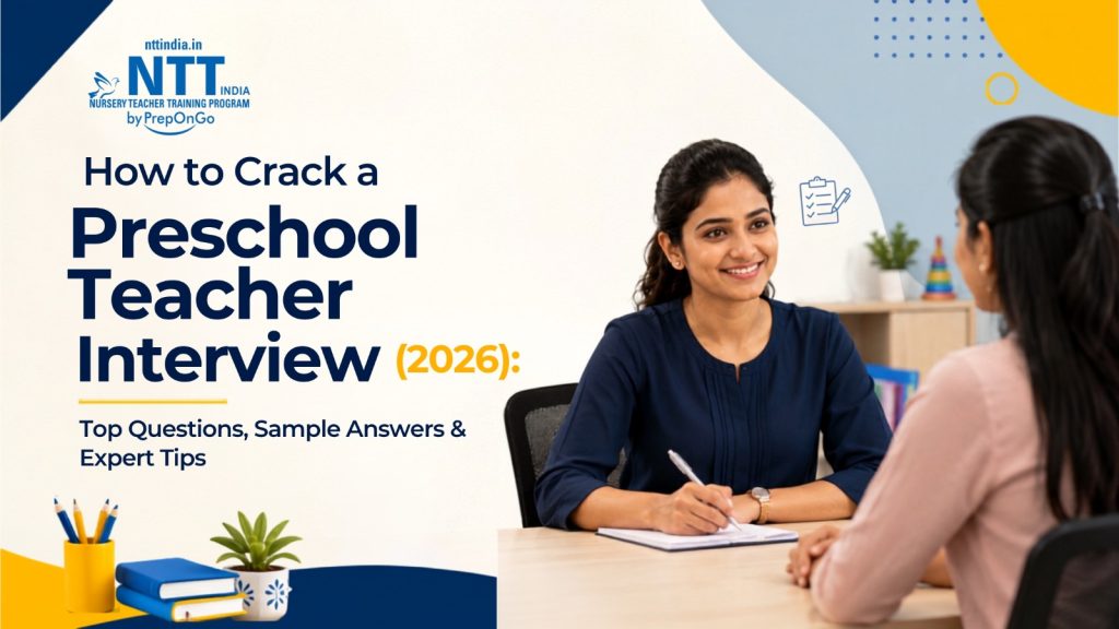 A preschool teacher attending a job interview, discussing teaching experience and classroom skills with an interviewer in a professional office setting.